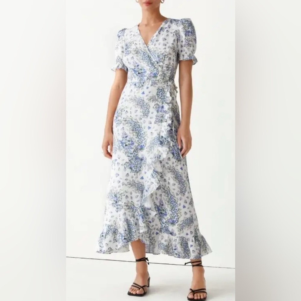 &OTHER STORIES BLUE AND WHITE FLORAL LINEN WRAP MIDI DRESS SIZE 0 - Picture 2 of 10